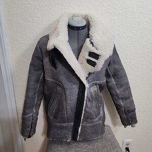 IRO Jenny Lamb Shearling Jacket in Gray Leather Women's Size 38.